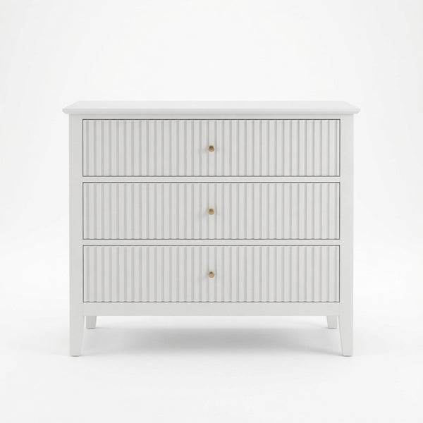 English Elm 32" Wide Fluted Blush Nightstand with Three Soft-close Drawers and Gold Knob Hardware White B082P529523