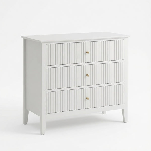 English Elm 32" Wide Fluted Blush Nightstand with Three Soft-close Drawers and Gold Knob Hardware White B082P529523