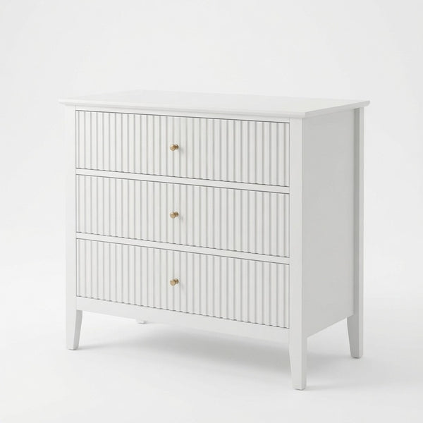 English Elm 32" Wide Fluted Blush Nightstand with Three Soft-close Drawers and Gold Knob Hardware White B082P529523