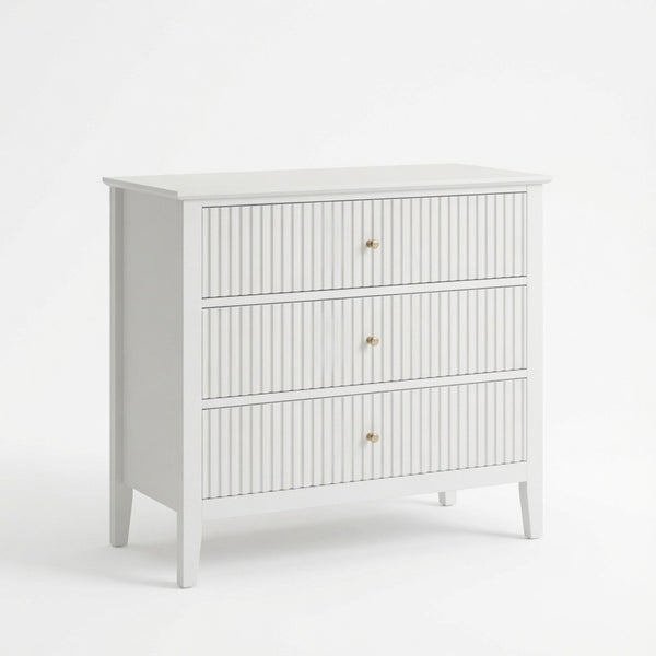 English Elm 32" Wide Fluted Blush Nightstand with Three Soft-close Drawers and Gold Knob Hardware White B082P529523
