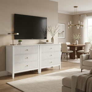 English Elm 32" Wide Fluted Blush Nightstand with Three Soft-close Drawers and Gold Knob Hardware White B082P529523