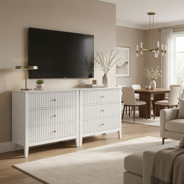English Elm 32" Wide Fluted Blush Nightstand with Three Soft-close Drawers and Gold Knob Hardware White B082P529523