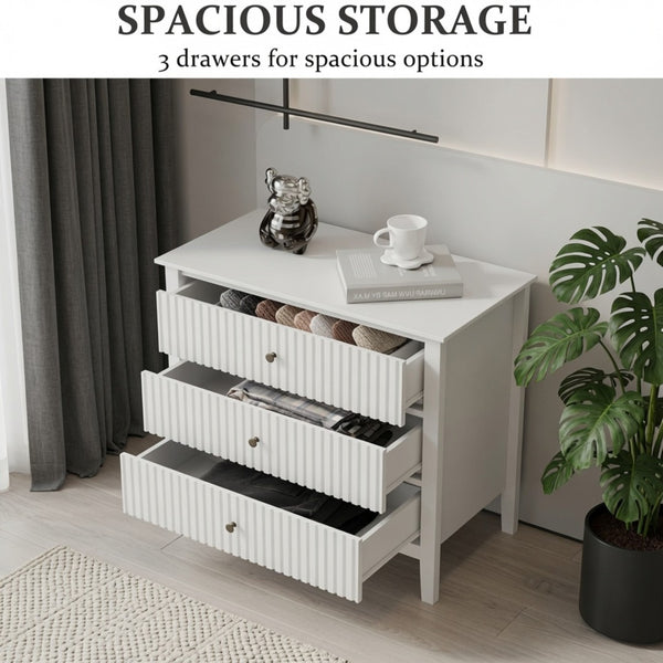 English Elm 32" Wide Fluted Blush Nightstand with Three Soft-close Drawers and Gold Knob Hardware White B082P529523
