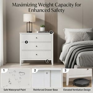 English Elm 32" Wide Fluted Blush Nightstand with Three Soft-close Drawers and Gold Knob Hardware White B082P529523