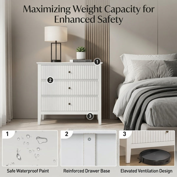 English Elm 32" Wide Fluted Blush Nightstand with Three Soft-close Drawers and Gold Knob Hardware White B082P529523