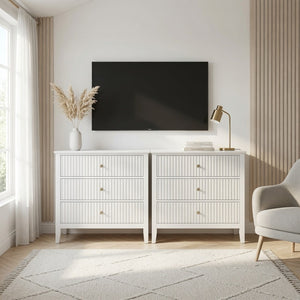 English Elm 32" Wide Fluted Blush Nightstand with Three Soft-close Drawers and Gold Knob Hardware White B082P529523