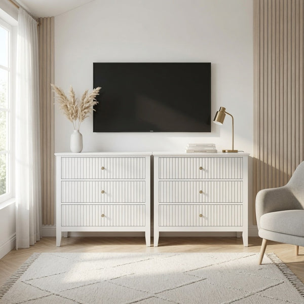 English Elm 32" Wide Fluted Blush Nightstand with Three Soft-close Drawers and Gold Knob Hardware White B082P529523