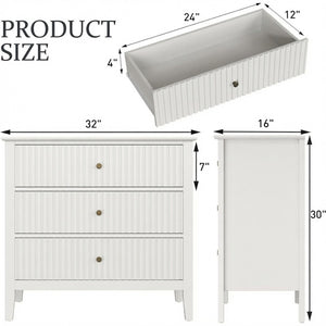 English Elm 32" Wide Fluted Blush Nightstand with Three Soft-close Drawers and Gold Knob Hardware White B082P529523