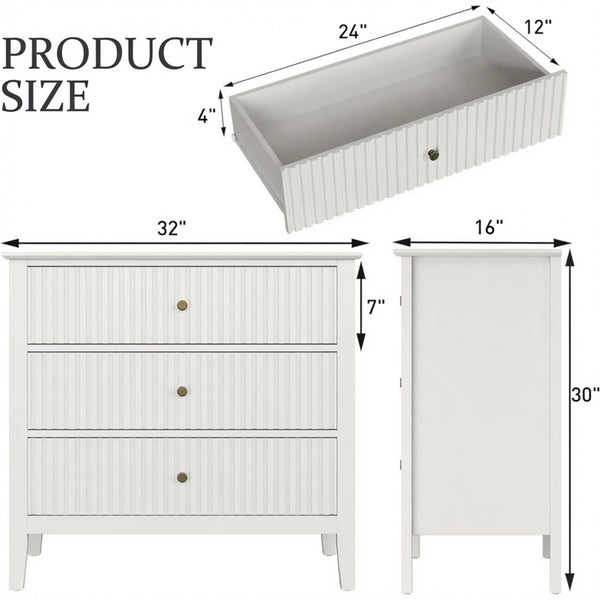 English Elm 32" Wide Fluted Blush Nightstand with Three Soft-close Drawers and Gold Knob Hardware White B082P529523