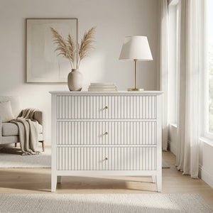 English Elm 32" Wide Fluted Blush Nightstand with Three Soft-close Drawers and Gold Knob Hardware White B082P529523