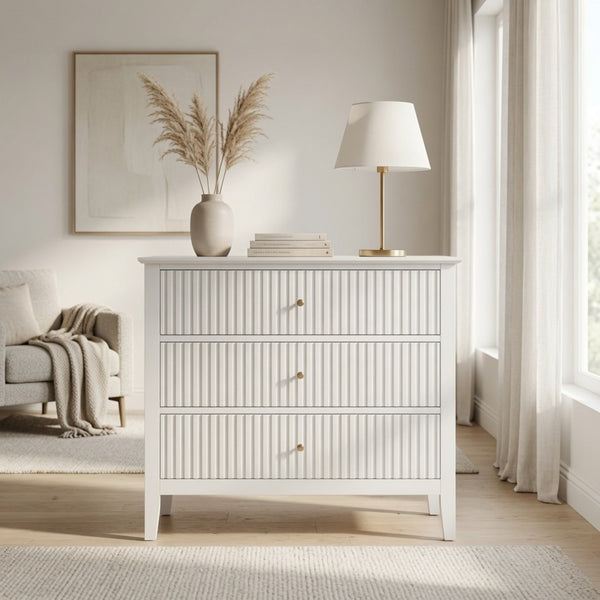 English Elm 32" Wide Fluted Blush Nightstand with Three Soft-close Drawers and Gold Knob Hardware White B082P529523