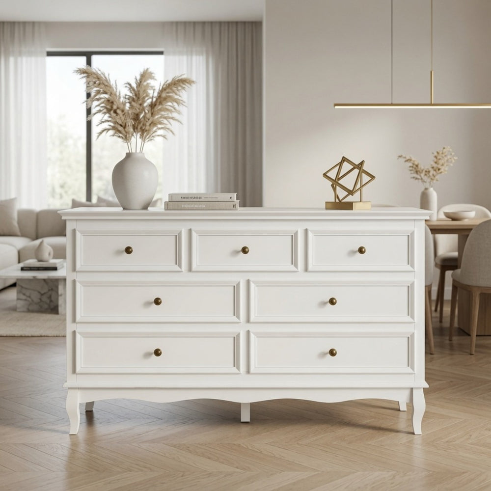 English Elm 55" Wide Matte White Seven Drawer Dresser with Solid Wood Legs and Modern Metal Handles B082P529524