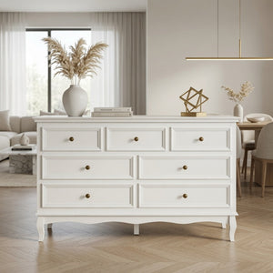 English Elm 55" Wide Matte White Seven Drawer Dresser with Solid Wood Legs and Modern Metal Handles B082P529524