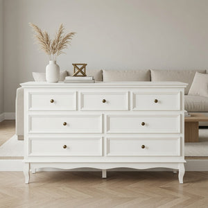 English Elm 55" Wide Matte White Seven Drawer Dresser with Solid Wood Legs and Modern Metal Handles B082P529524