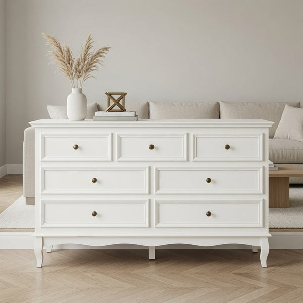 English Elm 55" Wide Matte White Seven Drawer Dresser with Solid Wood Legs and Modern Metal Handles B082P529524