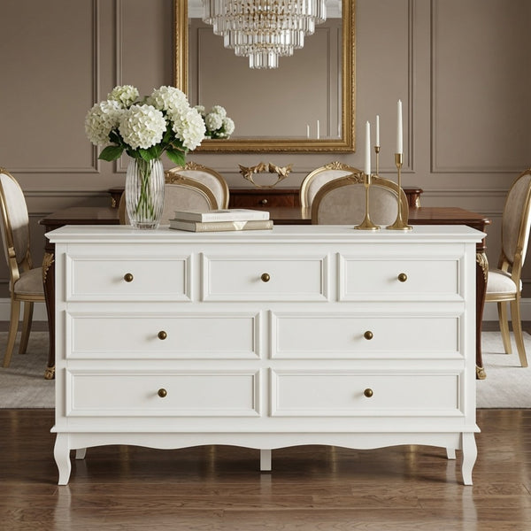 English Elm 55" Wide Matte White Seven Drawer Dresser with Solid Wood Legs and Modern Metal Handles B082P529524