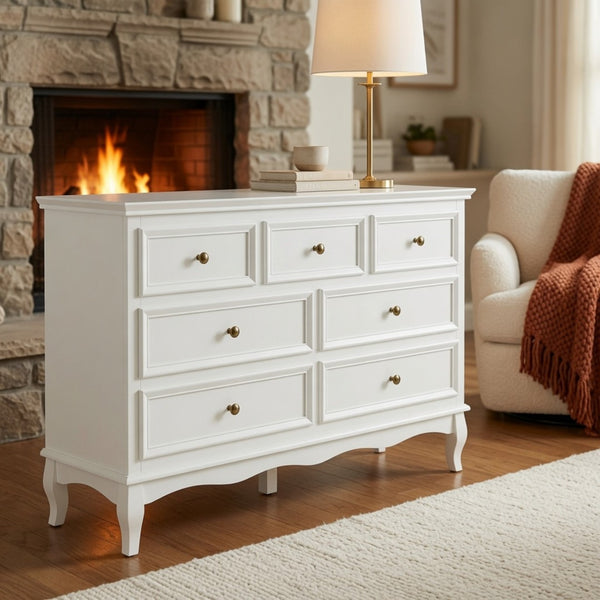 English Elm 55" Wide Matte White Seven Drawer Dresser with Solid Wood Legs and Modern Metal Handles B082P529524
