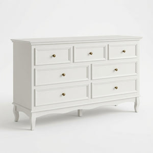 English Elm 55" Wide Matte White Seven Drawer Dresser with Solid Wood Legs and Modern Metal Handles B082P529524