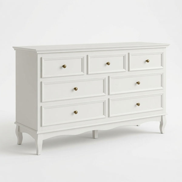 English Elm 55" Wide Matte White Seven Drawer Dresser with Solid Wood Legs and Modern Metal Handles B082P529524