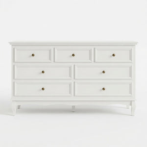 English Elm 55" Wide Matte White Seven Drawer Dresser with Solid Wood Legs and Modern Metal Handles B082P529524