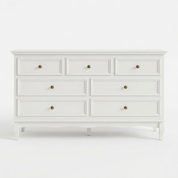 English Elm 55" Wide Matte White Seven Drawer Dresser with Solid Wood Legs and Modern Metal Handles B082P529524