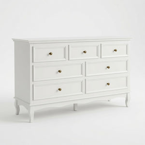 English Elm 55" Wide Matte White Seven Drawer Dresser with Solid Wood Legs and Modern Metal Handles B082P529524