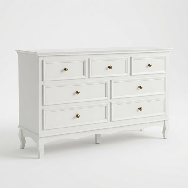 English Elm 55" Wide Matte White Seven Drawer Dresser with Solid Wood Legs and Modern Metal Handles B082P529524