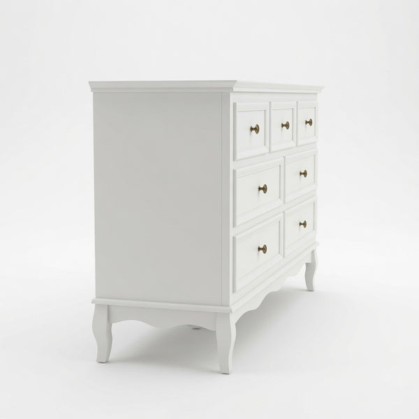 English Elm 55" Wide Matte White Seven Drawer Dresser with Solid Wood Legs and Modern Metal Handles B082P529524