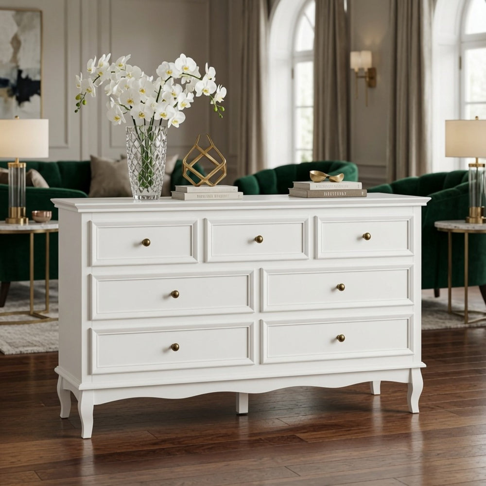 English Elm 55" Wide Matte White Seven Drawer Dresser with Solid Wood Legs and Modern Metal Handles B082P529524