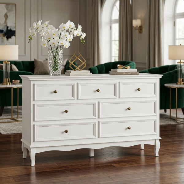English Elm 55" Wide Matte White Seven Drawer Dresser with Solid Wood Legs and Modern Metal Handles B082P529524