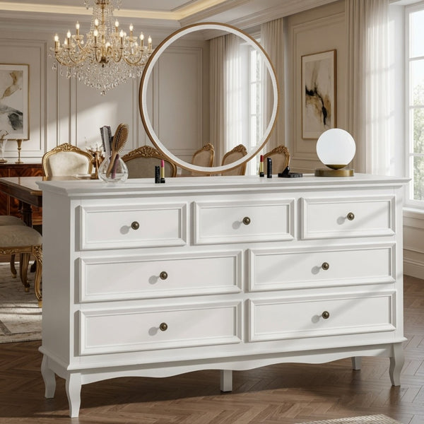 English Elm 55" Wide Matte White Seven Drawer Dresser with Solid Wood Legs and Modern Metal Handles B082P529524