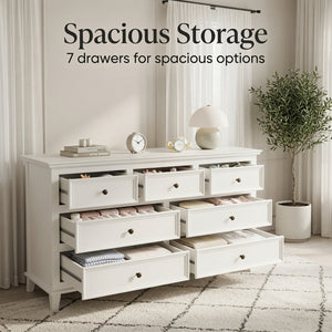 English Elm 55" Wide Matte White Seven Drawer Dresser with Solid Wood Legs and Modern Metal Handles B082P529524