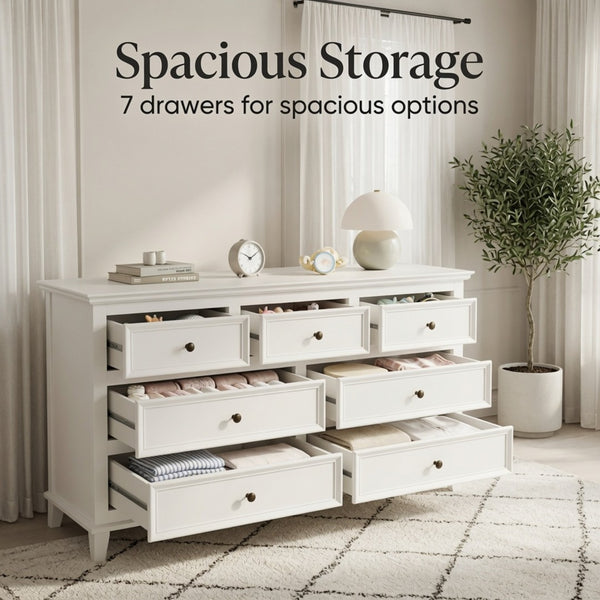 English Elm 55" Wide Matte White Seven Drawer Dresser with Solid Wood Legs and Modern Metal Handles B082P529524