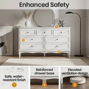 English Elm 55" Wide Matte White Seven Drawer Dresser with Solid Wood Legs and Modern Metal Handles B082P529524