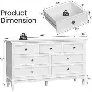 English Elm 55" Wide Matte White Seven Drawer Dresser with Solid Wood Legs and Modern Metal Handles B082P529524