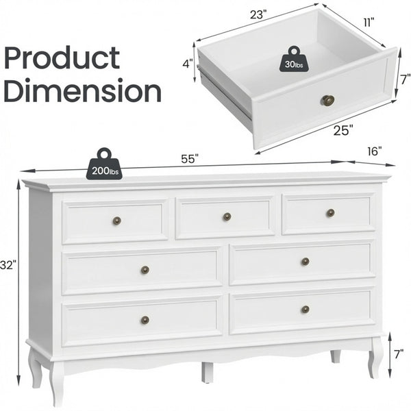 English Elm 55" Wide Matte White Seven Drawer Dresser with Solid Wood Legs and Modern Metal Handles B082P529524