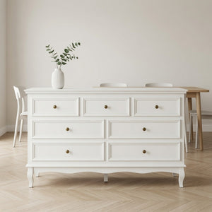 English Elm 55" Wide Matte White Seven Drawer Dresser with Solid Wood Legs and Modern Metal Handles B082P529524