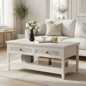 English Elm 44" Boho Coffee Table with Hand-woven Rattan Drawers Open Shelf Living Room B082P529525