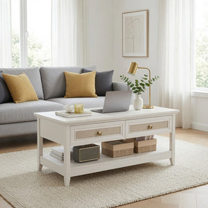 English Elm 44" Boho Coffee Table with Hand-woven Rattan Drawers Open Shelf Living Room B082P529525