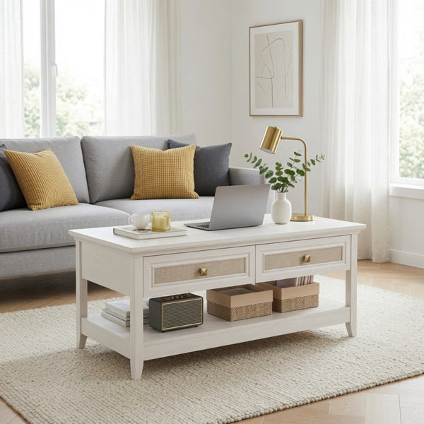 English Elm 44" Boho Coffee Table with Hand-woven Rattan Drawers Open Shelf Living Room B082P529525