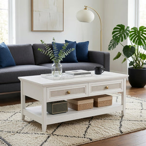 English Elm 44" Boho Coffee Table with Hand-woven Rattan Drawers Open Shelf Living Room B082P529525
