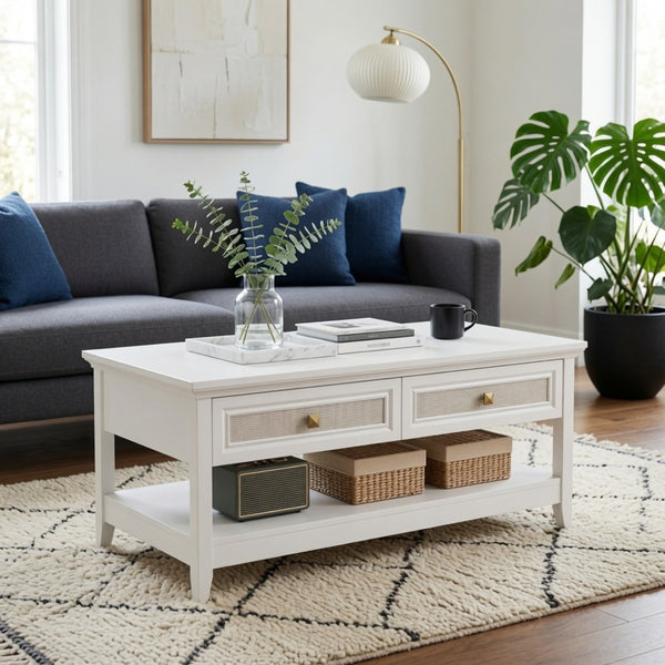 English Elm 44" Boho Coffee Table with Hand-woven Rattan Drawers Open Shelf Living Room B082P529525