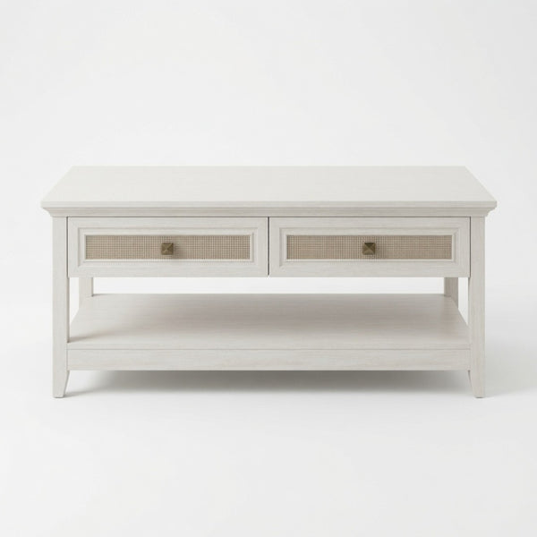English Elm 44" Boho Coffee Table with Hand-woven Rattan Drawers Open Shelf Living Room B082P529525
