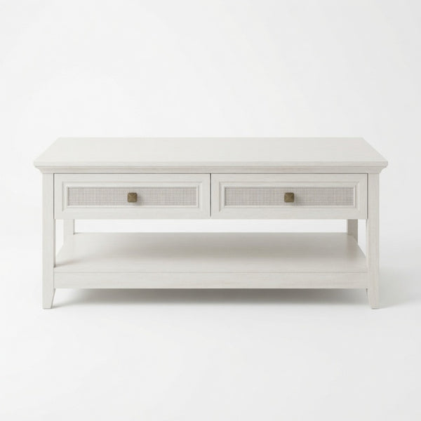 English Elm 44" Boho Coffee Table with Hand-woven Rattan Drawers Open Shelf Living Room B082P529525