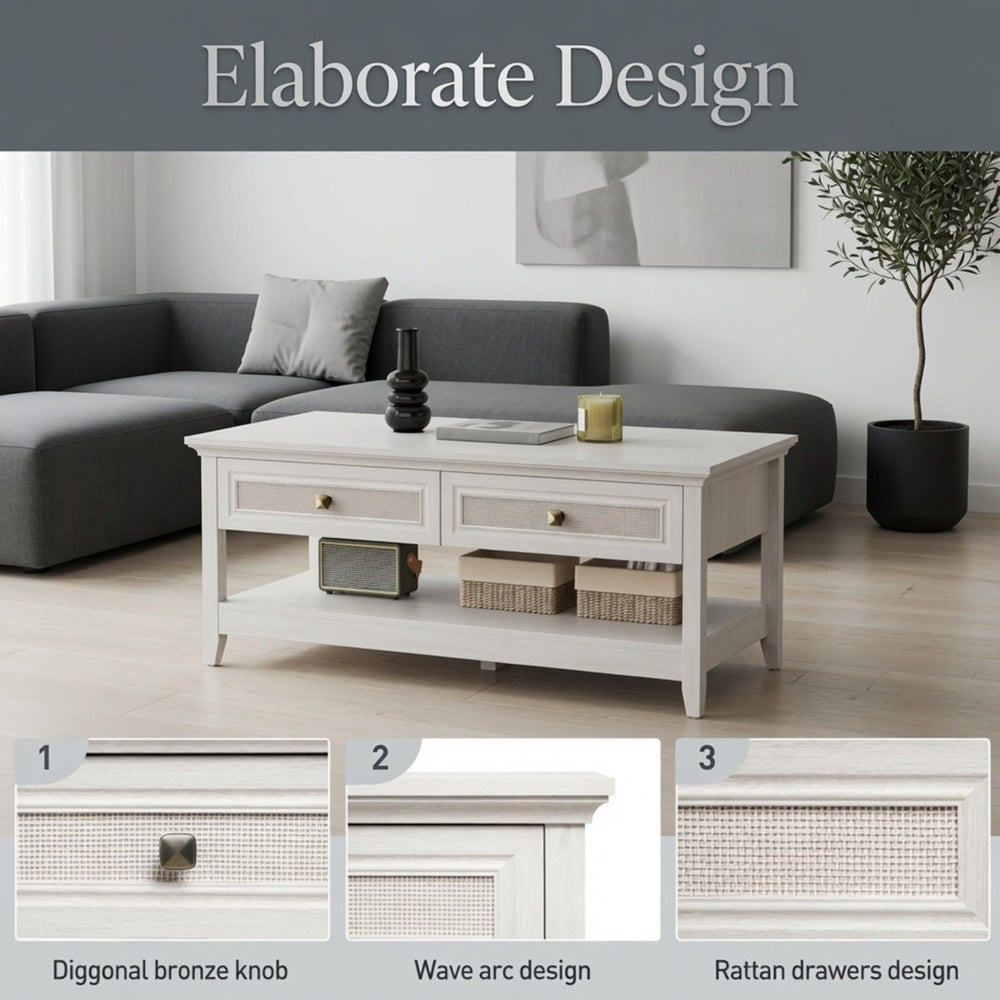 English Elm 44" Boho Coffee Table with Hand-woven Rattan Drawers Open Shelf Living Room B082P529525