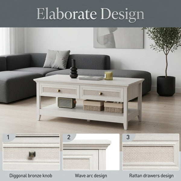 English Elm 44" Boho Coffee Table with Hand-woven Rattan Drawers Open Shelf Living Room B082P529525