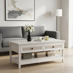 English Elm 44" Boho Coffee Table with Hand-woven Rattan Drawers Open Shelf Living Room B082P529525