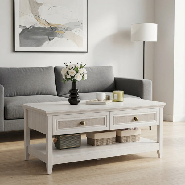 English Elm 44" Boho Coffee Table with Hand-woven Rattan Drawers Open Shelf Living Room B082P529525