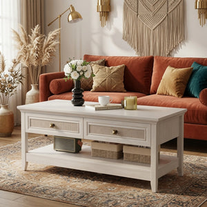 English Elm 44" Boho Coffee Table with Hand-woven Rattan Drawers Open Shelf Living Room B082P529525