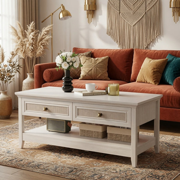 English Elm 44" Boho Coffee Table with Hand-woven Rattan Drawers Open Shelf Living Room B082P529525